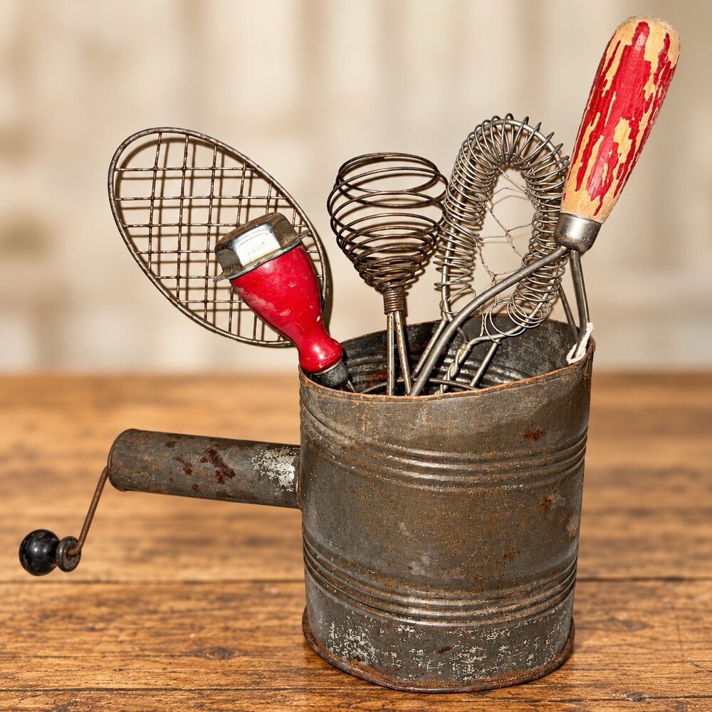 Vintage Primitive Kitchen Utensil Lot Hand Crank Flour Sifter Wire Tools